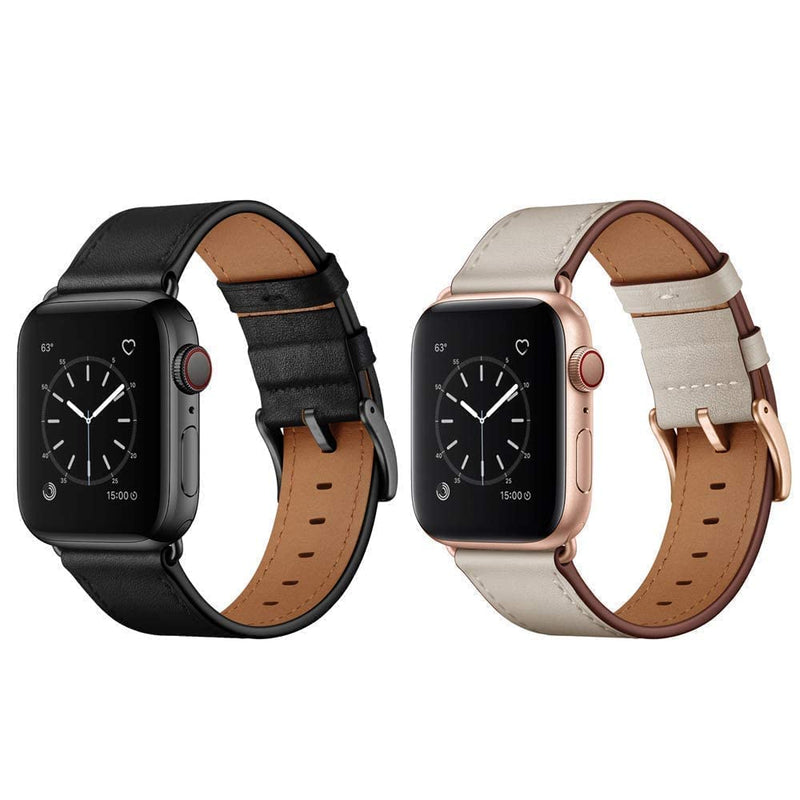 OUHENG Compatible with Apple Watch Band Genuine Leather Replacement Strap 41mm 40mm 38mm Black & Beige