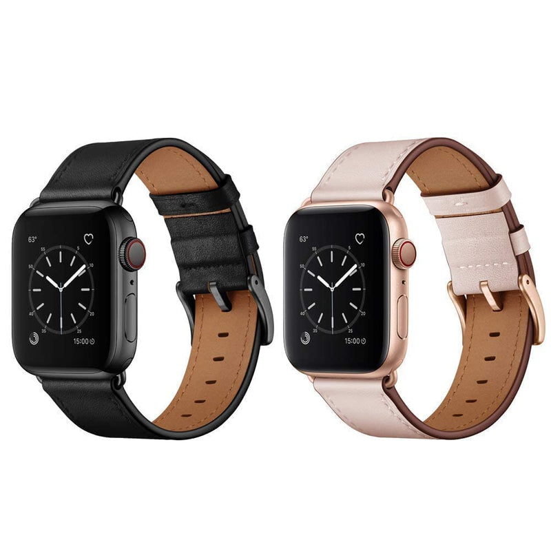 OUHENG Compatible with Apple Watch Band Genuine Leather Replacement Strap 41mm 40mm 38mm Black & Pink Sand
