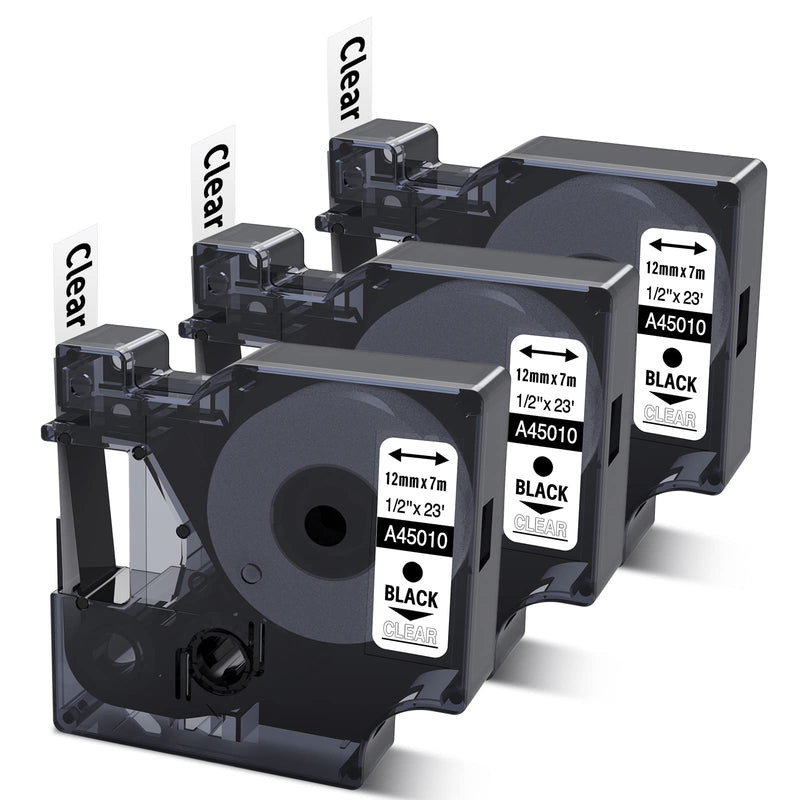 [AUSTRALIA] - Compatible DYMO D1 Label Tape Black on Clear Replace for DYMO Label Maker Refills 45010 S0720500, 1/2Inch x 23Ft for Dymo LabelManager 160 210D 280 360D Label Maker, 3-Pack 