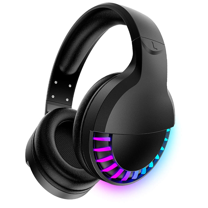 Wireless Bluetooth Headphone with Noise Cancellation HiFi Stereo Sound Mic Deep Bass Protein Earpad Rainbow RGB Backlight Rechageable Over Ear Headset for PC Mac Game Travel Class Home Office(Black) Black