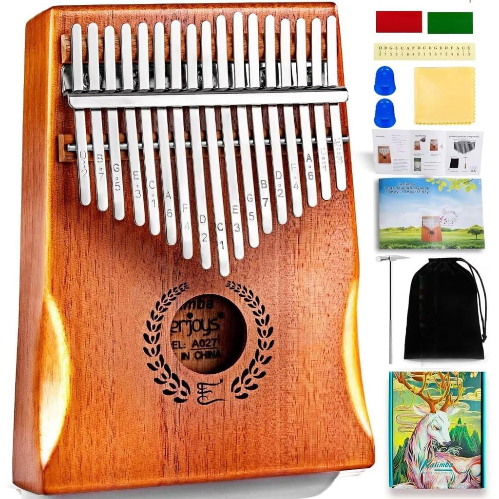 Everjoys Kalimba Thumb Piano 17 Keys, Professional Musical Instrument Finger Piano Marimbas with Portable Soft Cloth Bag, Fast to Learn Songbook, Tuning Hammer, All in One Kit 17 Key Natural