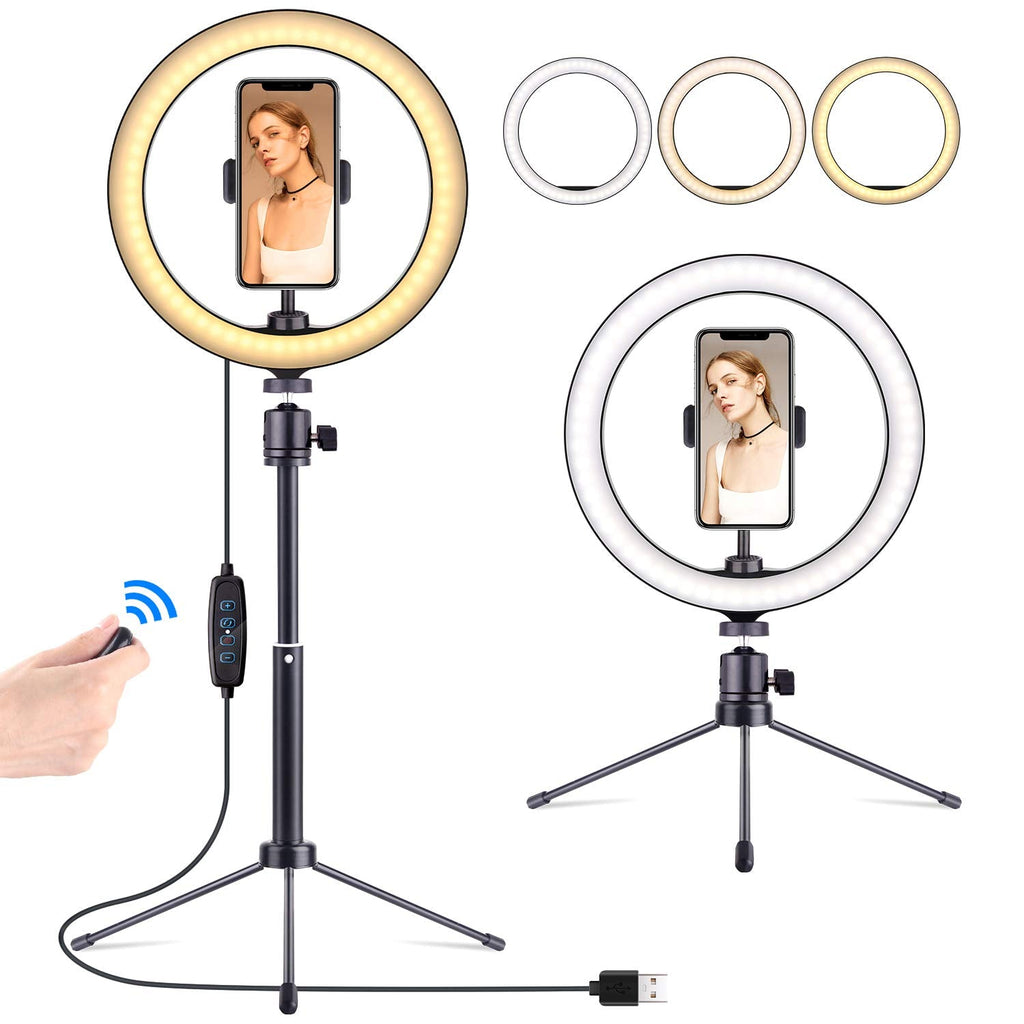 10" Selfie Ring Light with Tripod Stand & Cell Phone Holder, LATZZ Dimmable Desktop Ringlight with Wireless Remote Control for Live Stream/Makeup/YouTube Video/Photography Ring Light + Two-section Rod 10inch