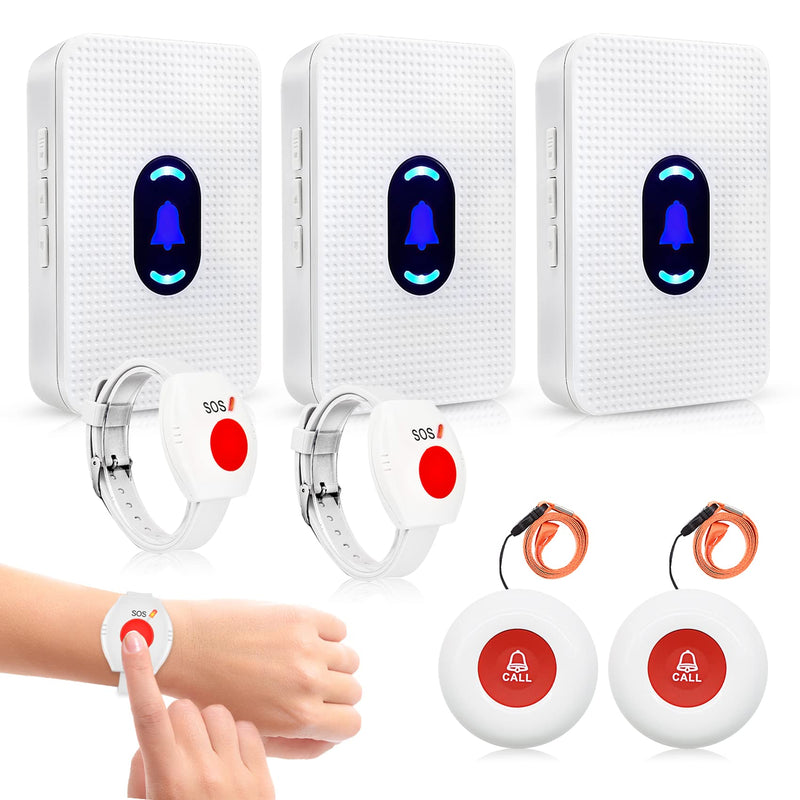 Daytech Wireless Caregiver Pager Call Button Elderly Nurse Alert System for Elderly Monitoring/Seniors with 2 SOS Call Panic Buttons & 2 Watch Pagers, 500+Feet 3 Receivers 2 watches+2 call buttons+3 receivers