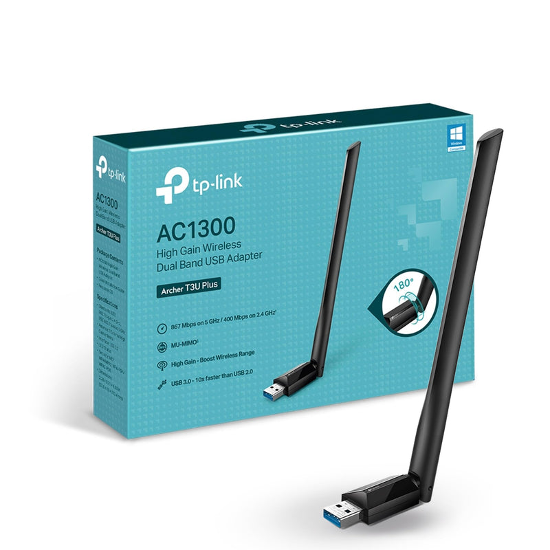 TP-Link USB WiFi Adapter for Desktop PC, AC1300 Dual Band PC WiFi Antenna | USB 3.0 Wireless Network Adapter with High Gain Antenna, MU-MIMO, Win 11/10/8.1/8/7/XP, Mac OS 10.9-10.15 (Archer T3U Plus) AC1300, Single Antenna