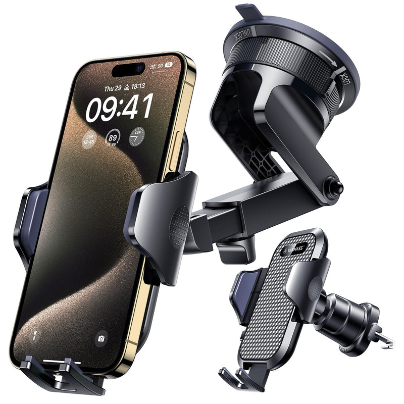 [AUSTRALIA] - VANMASS Car Phone Holder [Upgraded Strongest Suction & Clip] Cell Phone Mount for Dashboard Windshield Vent Wall,Truck Cradle Stand for iPhone 17 Pro Max 16 15 14 13 12 11 SE Samsung S26 Android,Black Black 