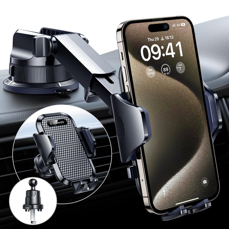[True Military-Grade] Car Phone Holder VANMASS [2024 Strongest Suction & Clip] Cell Phone Mount for Dashboard Windshield Vent Truck Accessories Cradle Dash Stand for iPhone 15 Pro Max 14 13 12 Android Black