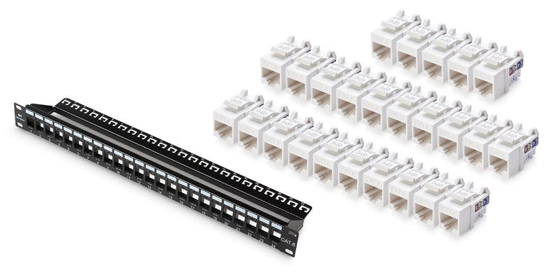 Cable Matters Rack or Wall Mount 24-Port Cat6, Cat 6 Keystone Patch Panel (Blank Patch Panel) & Slim Profile 90 Degree Cat 6 RJ45 Keystone Jack in White