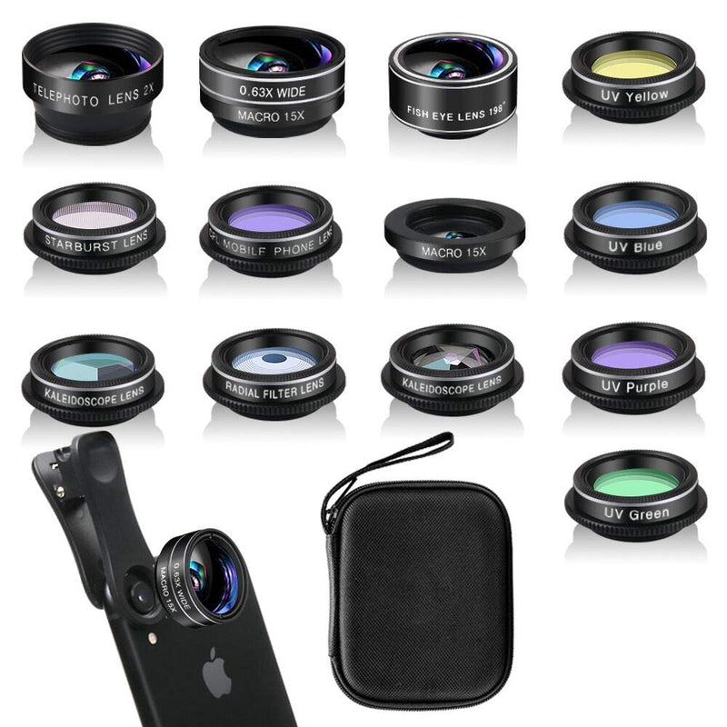 Phone Camera Lens Kit (13 Pieces) for iPhone 11 Xs 10 8 7 6 Plus SE Samsung and Most Andriod Phone- Wide Angle Lens & Macro Lens+Fisheye Lens and More 13 Lenses
