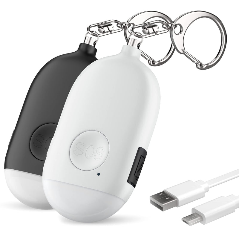 Rechargeable Self Defense Keychain Alarm 2 Pack – 130 dB Loud Emergency Personal Siren with LED Light – SOS Safety Alert Device Key Chain for Women, Kids, Elderly, and Joggers by WETEN (Black&White) Black&White