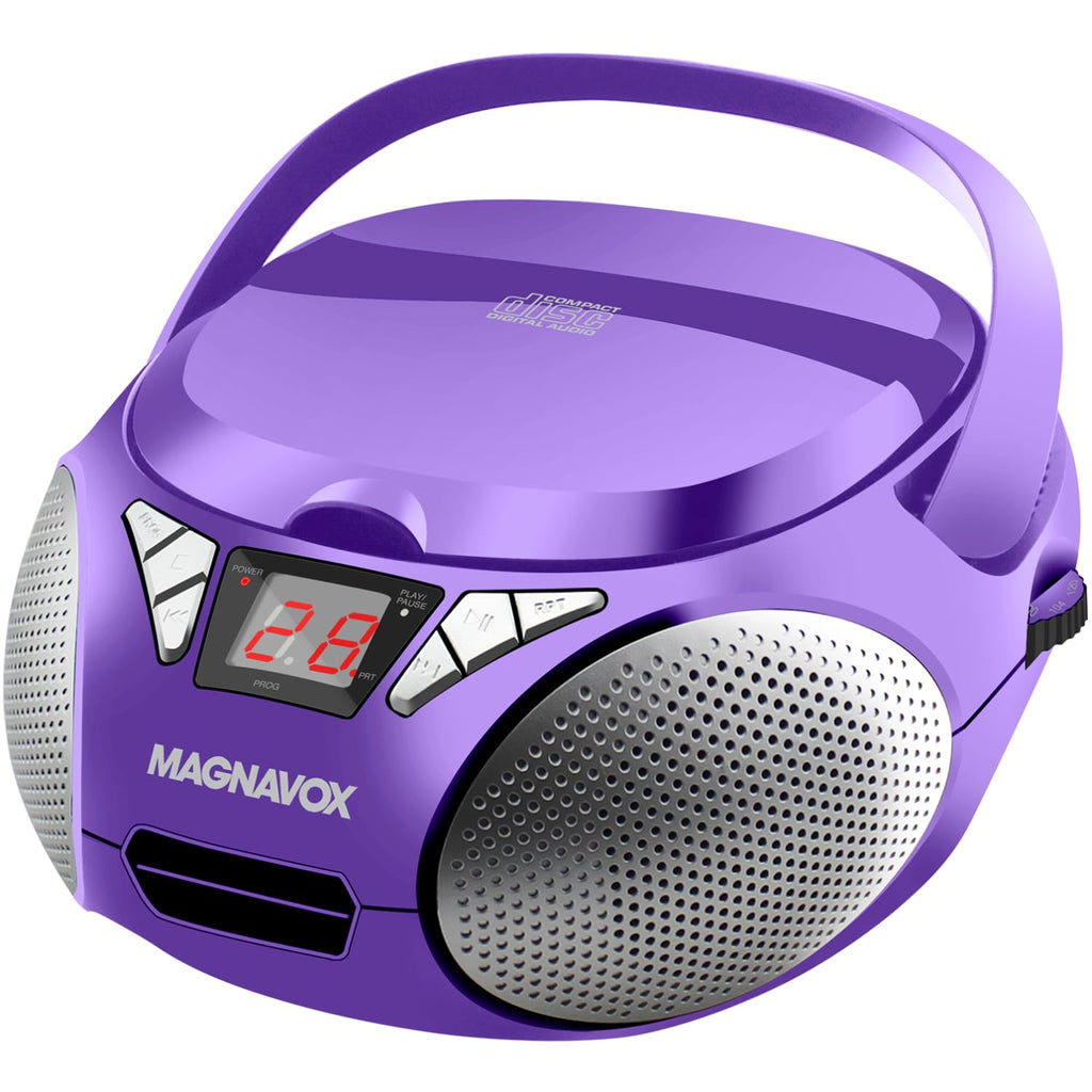 Magnavox MD6924 Portable Top Loading CD Boombox with AM/FM Stereo Radio in Black | CD-R/CD-RW Compatible | LED Display | AUX Port Supported | Programmable CD Player | (Purple) Purple