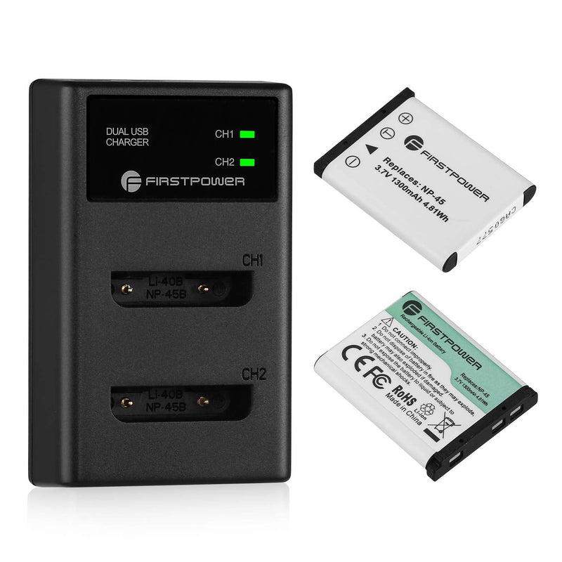 FirstPower NP-45/NP-45A/NP-45S Battery (X2) and Dual Charger for Fujifilm INSTAX Mini 90 Fuji FinePix XP140 XP130 XP120 XP90 XP80 XP70 XP60 XP30 XP20 T560 T550 T510 T500 T400 T360