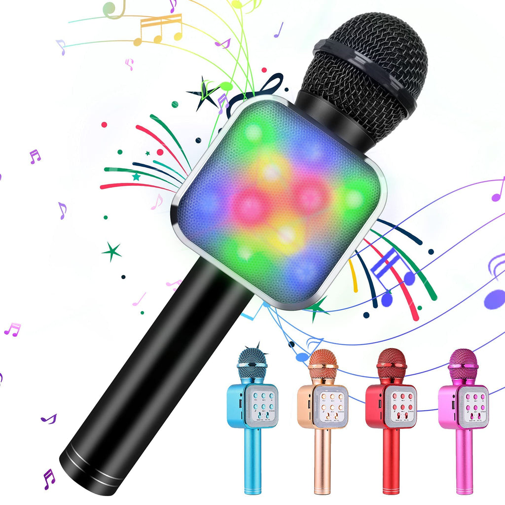 KIDWILL Wireless Bluetooth Karaoke Microphone for Kids, 5-in-1 Portable Handheld Karaoke Mic Speaker Player Recorder with LED Lights for Kids Girls Boys Teens Birthday (1818-Black) Black