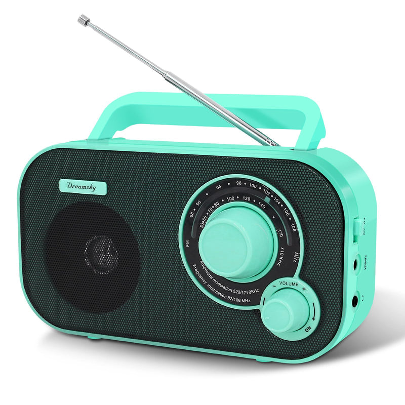 DreamSky AM FM Portable Radio Plug in Wall or Battery Operated for Home & Outdoor, Strong Reception, Large Dial Easy to Use, Transistor Antenna, Headphone Jack, Small Gifts for Seniors Elderly Green