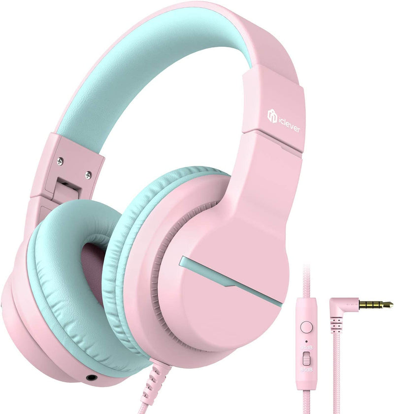 iClever HS19 Kids Headphones with Microphone for School, Volume Limiter 85/94dB, Over-Ear Girls Boys Headphones for Kids with Shareport, Foldable Wired Headphones for iPad/Travel (Pink) Pink M