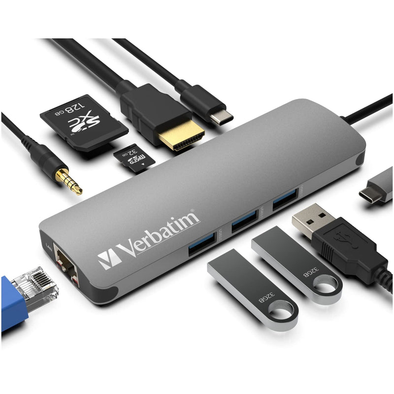 Verbatim® 9-in-1 USB C Hub Adapter with 4K HDMI, 100W Power Delivery, USB 3.0, SD Card Readers, Gigabit LAN, 3.5mm Port for USB C Laptops 9 in 1 Hub