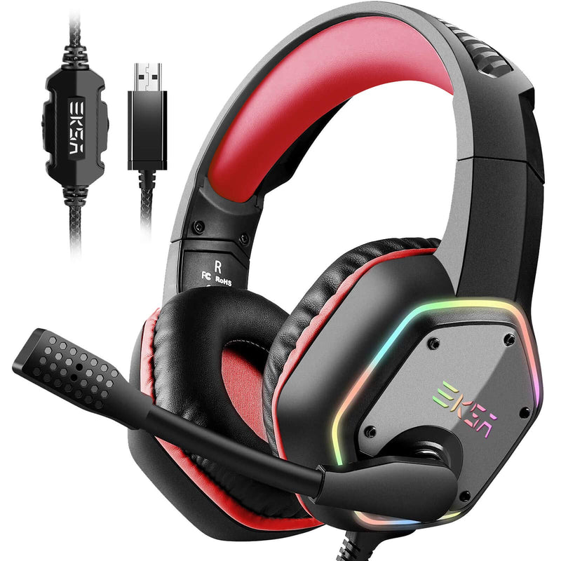 EKSA E1000 Gaming Headset, Computer Headphones with Noise Canceling Mic & RGB Light, 7.1 Surround Sound, Compatible with PC, PS4 PS5 Console, Laptop (Red) Red