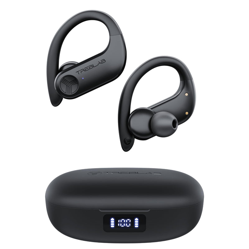 TREBLAB X3-Pro Earbuds Wireless Bluetooth, Earhook IPX5 12H Powerbank | Bluetooth Running Headphones, gaming mode 60ms, wireless charging case, secure earhook, ENC mics, BT 5.3, 9g ultra-light Black Logo