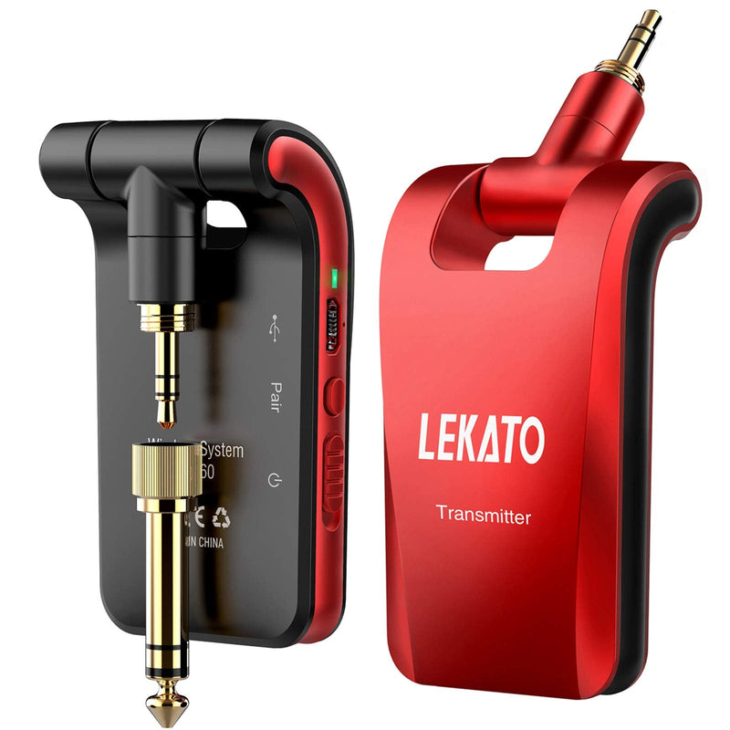 LEKATO 2.4GHz Wireless Guitar System - 6 Channels Rechargeable Wireless Transmitter & Receiver for Guitar & Bass, Stereo & Mono 1/4' & 1/8' 2 in 1 Plugs (Black & Red)