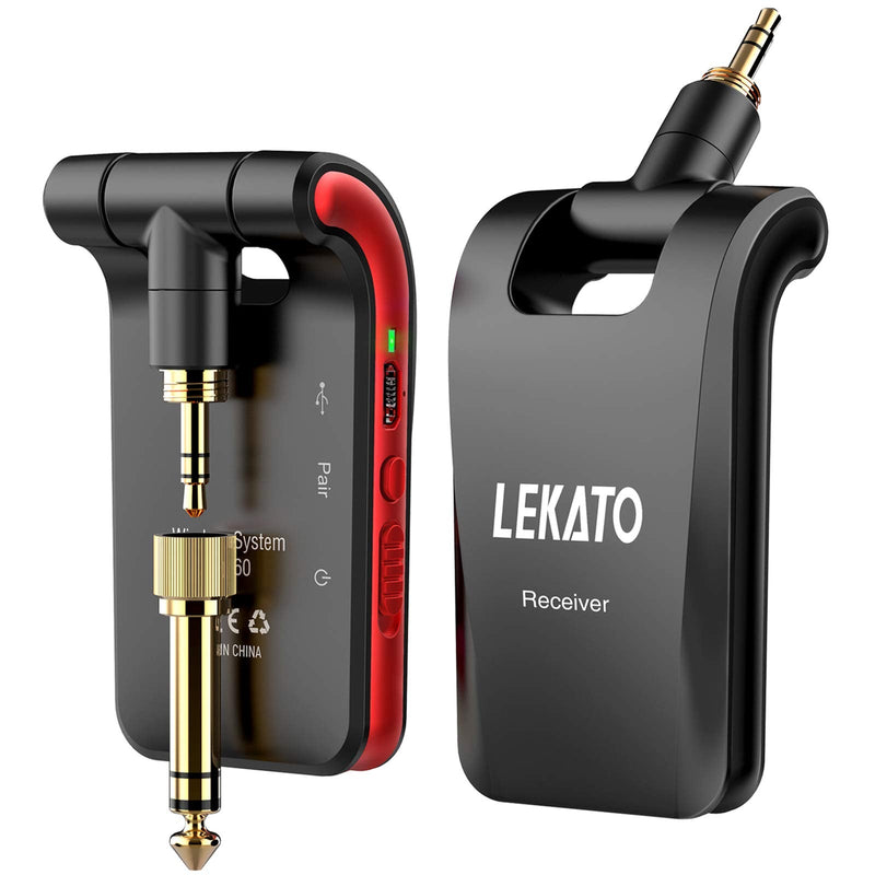 [AUSTRALIA] - LEKATO Wireless Guitar System 2.4GHz Rechargeable Audio Wireless Transmitter Receiver 6 Channels for Guitar Bass Electric Instruments, Stereo and Mono 1/4” & 1/8” 2 in 1 Plugs,Black(WS-60) black 
