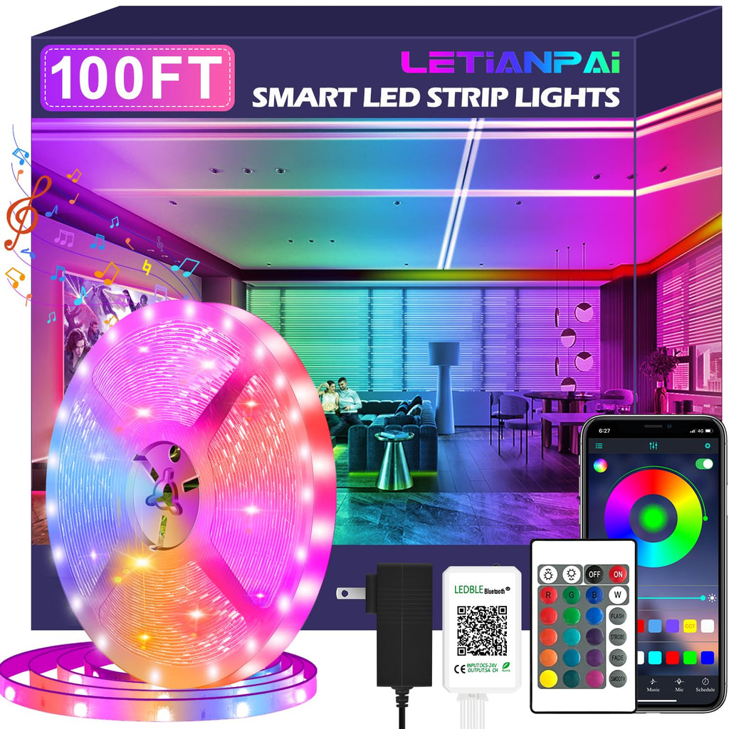 100ft Led Strip Lights,Long Smart Led Light Strips Music Sync 5050 RGB Color Changing Rope Lights,Bluetooth APP/IR Remote/Switch Box Control Led Lights for Bedroom,Home Decoration,Party,Festival 100FT LED STRIP LIGHTS