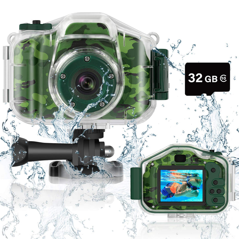 Waterproof Camera for Kids, Christmas Birthday Gifts for Boys Girls 3-12 Year Old, Mini HD Toddler Digital Video Children Travel Camcorder, 2 Inch IPS Screen with 32GB Card (Green) Green