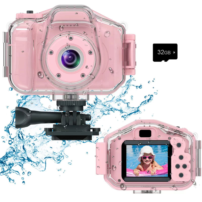 [AUSTRALIA] - Kids Waterproof Camera for Girls, Christmas Birthday 3-12 Year Old Boys Toddler Toys Gifts, Mini Underwater Children HD Digital Action Cameras, 2 Inch IPS Screen with 32GB Card (Pink) Pink 