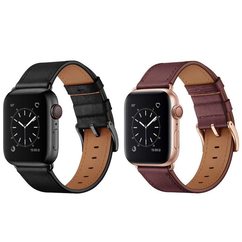 OUHENG Compatible with Apple Watch Band Genuine Leather Replacement Strap 41mm 40mm 38mm Black & Wine Red