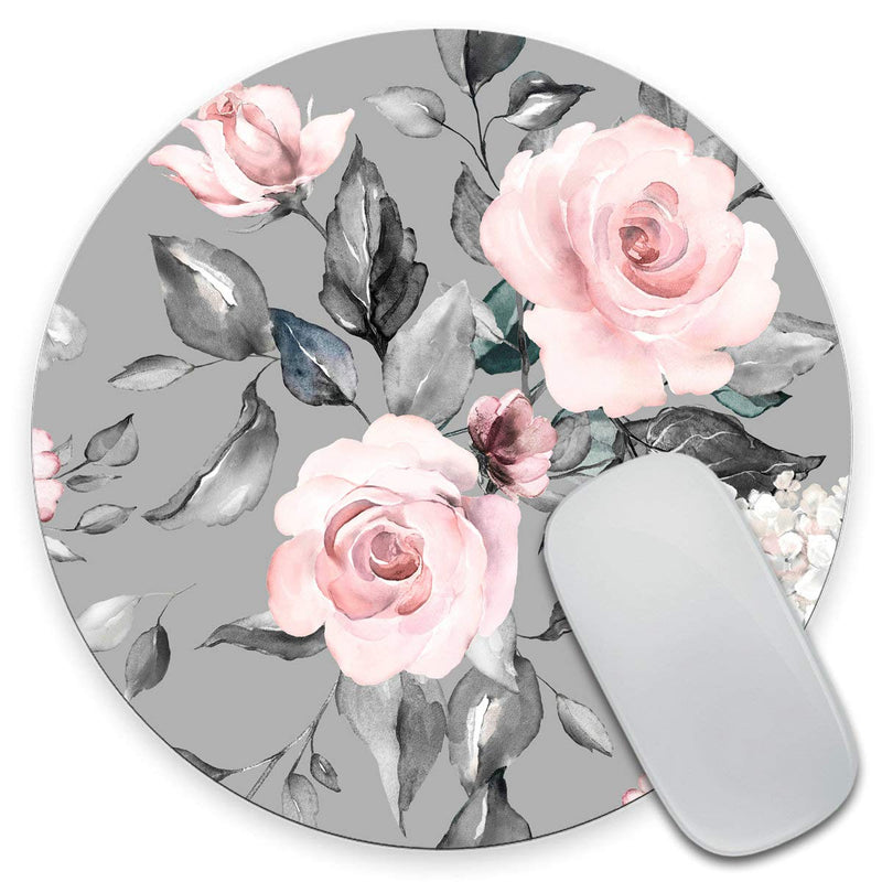 Amcove Spring Flowers and Leaves Round Mousepad Roses Mousepad Gray Pink Roses Mousepad Flowers Office Supplies Mousepad Floral Mouse mat AMR24