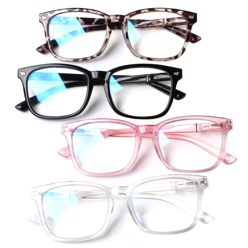 Henotin 4-Pack Blue Light Blocking Reading Glasses Women Men,Spring Hinge Computer Readers,Anti UV Ray Square Nerd Eyeglasses (Mixed Color, 0.00, Diopters) Mixed Color 0.0 Diopters