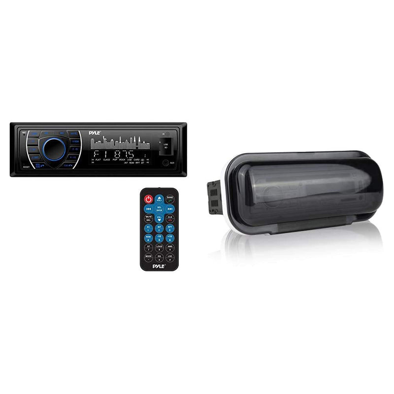 Pyle Bluetooth Marine Receiver Stereo - 12v Single DIN Style Boat in Dash Radio Receiver System & Resistant Marine Stereo Cover - Smoke Color Heavy Duty Boat Radio Protector Shield with Flip-up Door