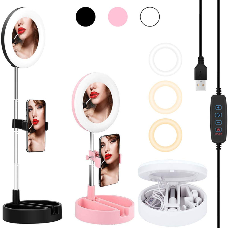 Portable Multi-Functional 6.3" Dimmable LED Selfie Continuous Video Halo Ring Light Zoom Live Stream Phone Holder Stand with Makeup Vanity Mirror Foldable Online Meeting Table Lamp (Pink) Pink
