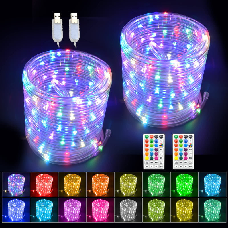 LED Rope Lights with USB Powered, 2 Pack X 33Ft 100 LED String Lights Indoor Outdoor with Remote,16 Color Changing Fairy Tube Lights for Bedroom Garden Party Wedding Christmas 33ft x 2Pack(RGB)