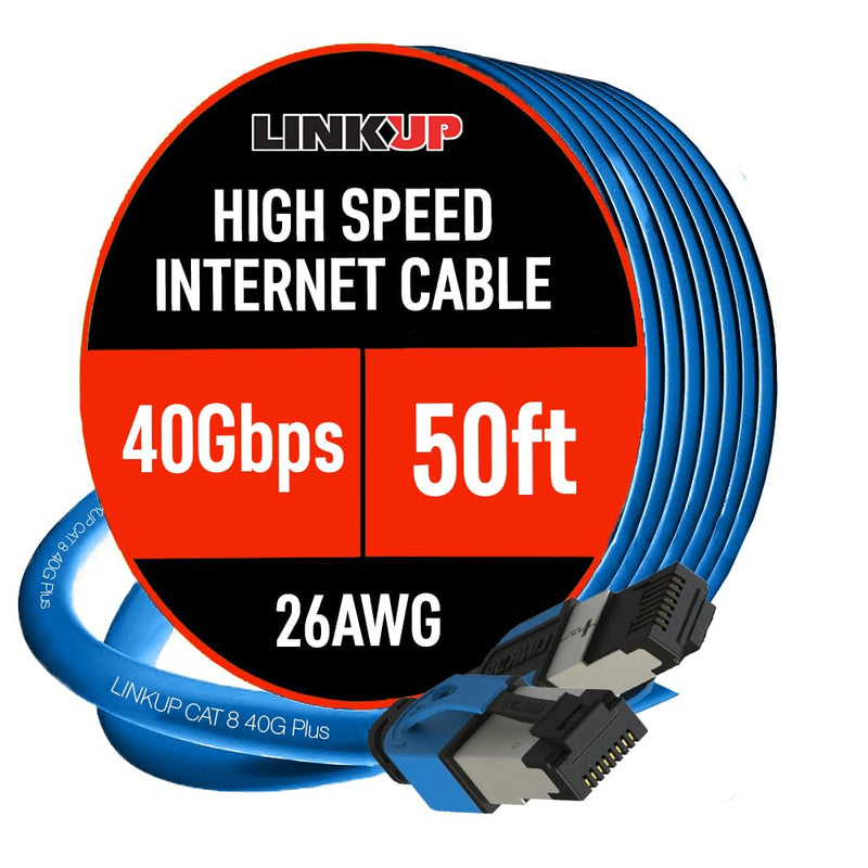 LINKUP 26AWG Cat 8 Ethernet Cable | Flexible High-Speed Patch Cord | 40Gbps 2GHz LAN Cable | RJ45 connectors | Use with Cat 5/ Cat 6/ Cat 7 | Ideal for Gaming & Desktops Blue 50ft