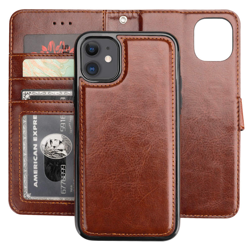 Bocasal iPhone 11 Wallet Case with Card Holder PU Leather Magnetic Detachable Kickstand Shockproof Wrist Strap Removable Flip Cover for iPhone 11 6.1 inch (Brown) Brown