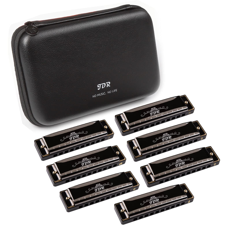 [AUSTRALIA] - JDR Harmonica Set of 7 Key of C D E F G A Bb 10 Holes 20 Tones Blues Harp Diatonic Mouth Organ armonica with EVA Protective Case for Adults Kids Beginner Professional Intermediate Student Gift Black C D E F G A and Bb 