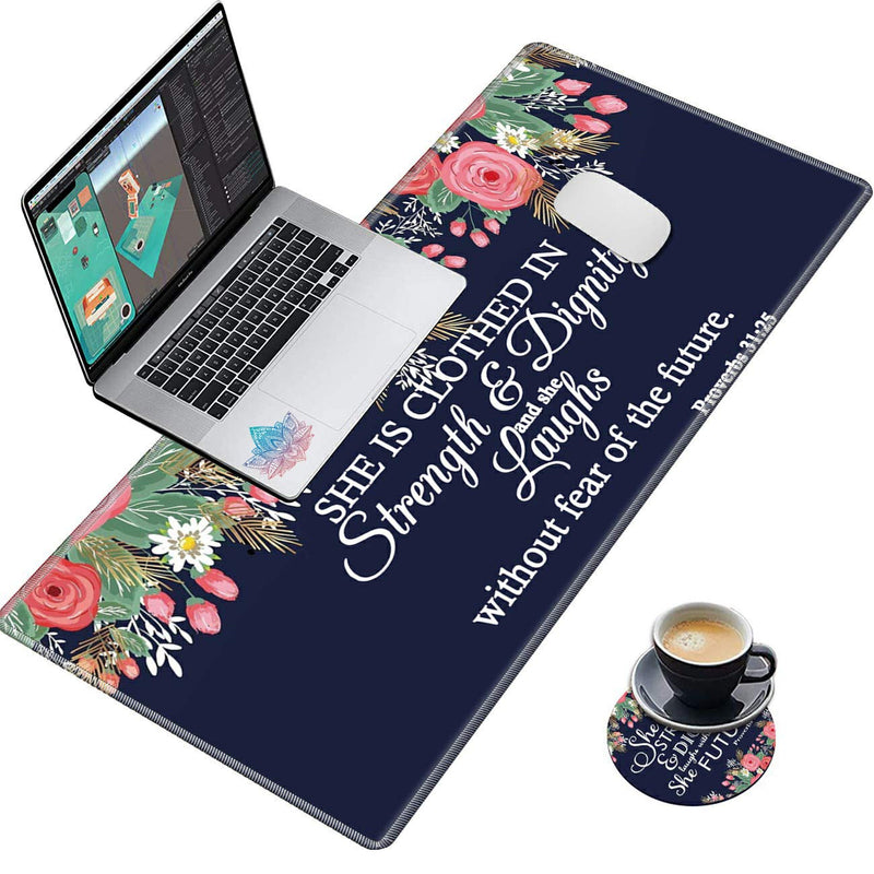 Desk Pad Navy Blue Flower Bible Proverbs 31:25 Mouse pad with Cute Coasters and Pink Mandala Stickers Non-Slip Rubber Large Gaming Mouse Mat, Multifunctional Office Desk Mat