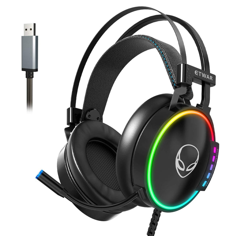 [AUSTRALIA] - ETWAR EG100 USB Wired Gaming Headset for PC, 7.1 Surround Sound,Computer Headphones with Microphone/Mic Noise Cancelling, Video Gaming, RGB Flowing Light - for PS4, PS5,Laptop 