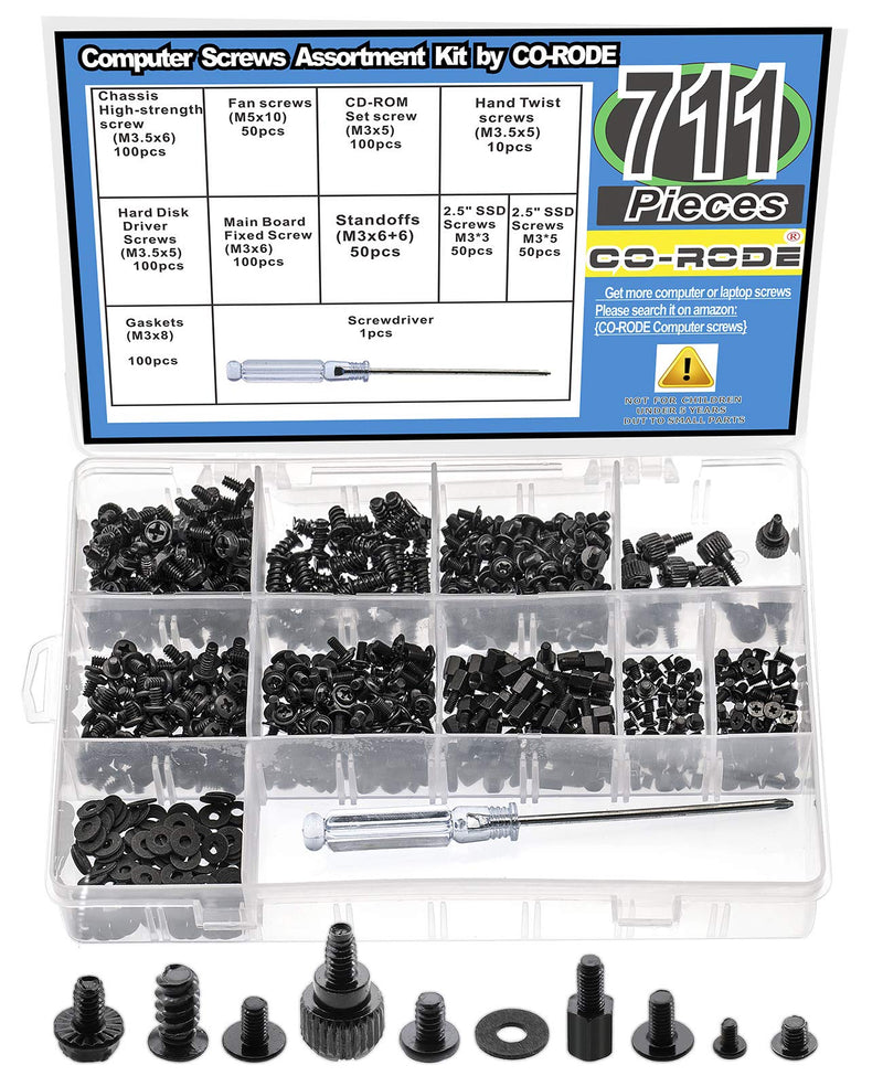 CO-RODE 711pcs Motherboard Standoffs Screws Kit, SSD Screws, Replacement PC Computer Screws Set for Mainboard, HDD Hard Drive, SSD, Computer Case, Fan, Power Graphics,CD-ROM