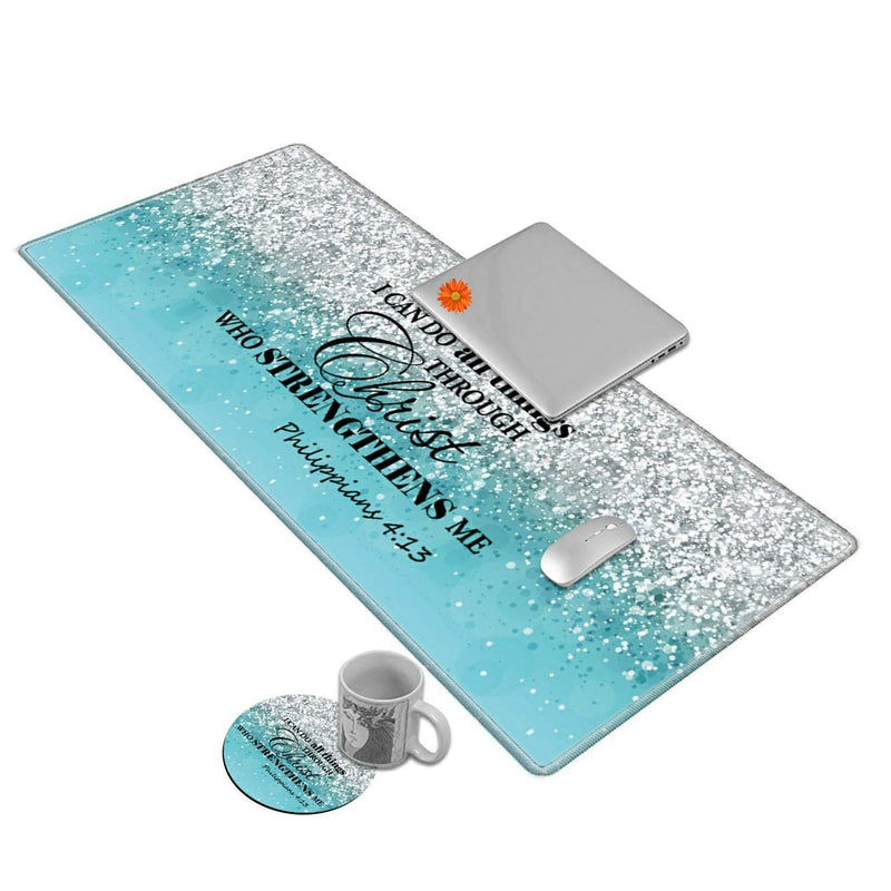 Desk Mat Gaming Mouse pad for Laptop Computer,Blue Flash Bible Pattern Customized Design Desk pad, Home Office Accessories, with Coasters & Cute Stickers Christ Bible 4:13 Quote