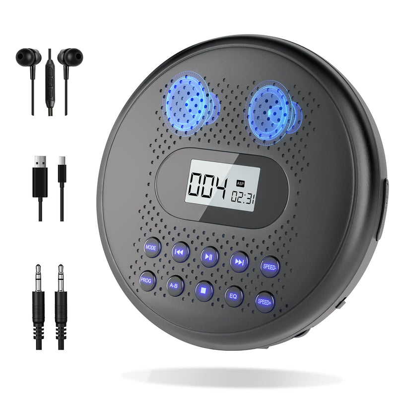 ARAFUNA Portable CD Player with Dual Stereo Speakers, Rechargeable CD Player for Car with Anti-Skip Protection, Headphones and AUX Cable Backlight Buttons Black