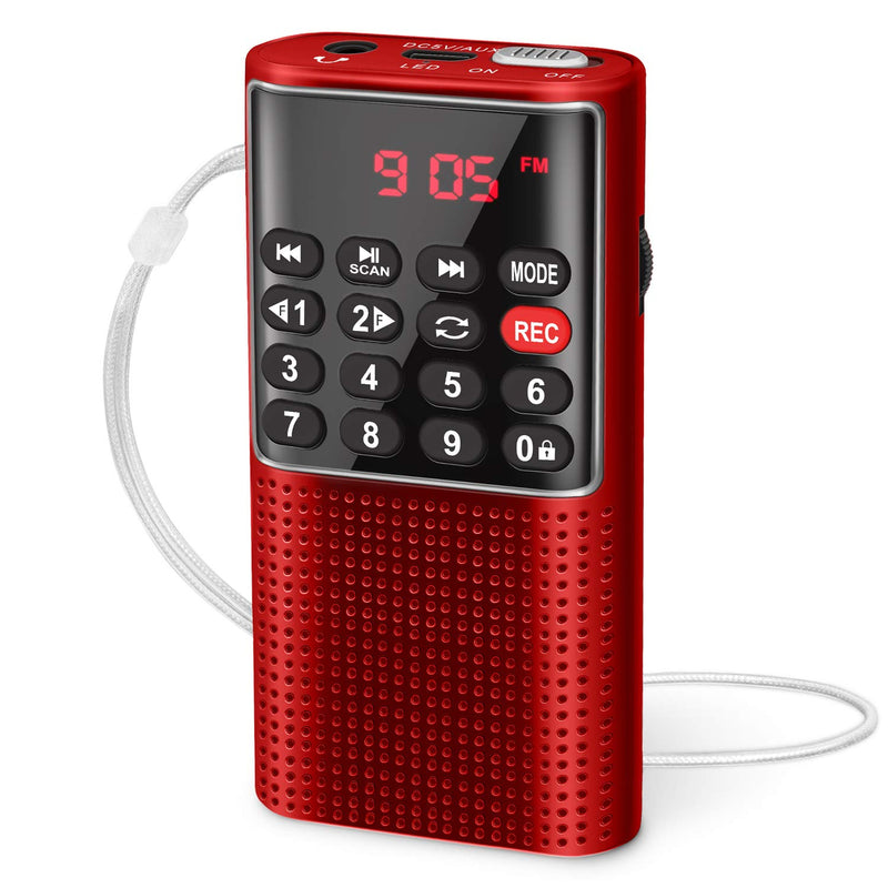 PRUNUS J-328 Mini Portable Pocket FM Radio MP3 Walkman Radio with Recorder, Gifts for Mom, Lock Key, SD Card Player, Rechargeable Battery Operated(NO AM) Red