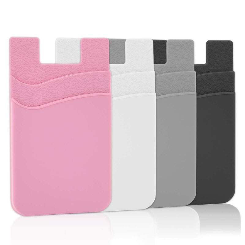 SS Card Holder for Back of Phone, Phone Wallet Stick-on Credit Card Sleeve Pocket Silicone Cell Phone Pouch Compatible for iPhone,Samsung Galaxy and Most SamrtPhones 4 Pack Black+White+Gray+Pink