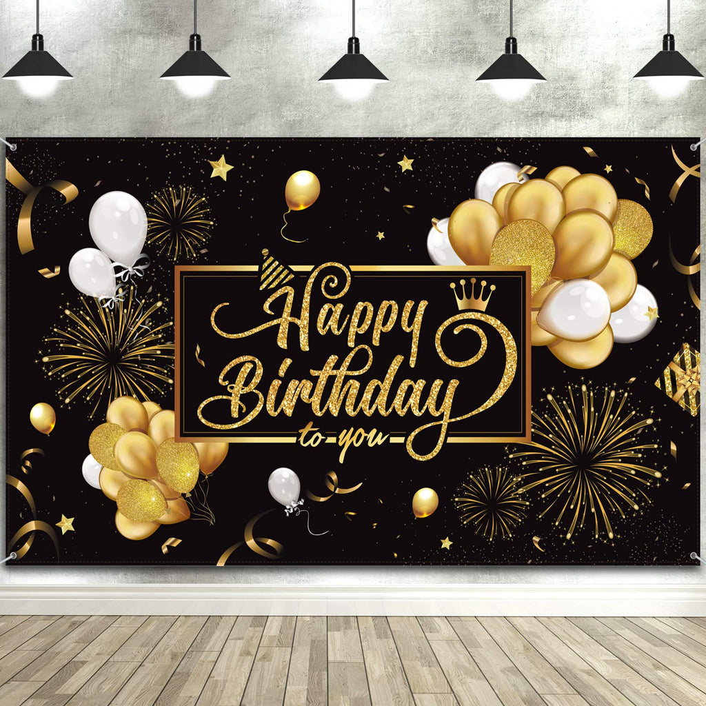Blulu Happy Birthday Backdrop Banner Sign Poster Large Fabric Glitter Balloon Fireworks Sign Birthday Photo Backdrop Background for Birthday Party Decoration Supplies, 72.8 x 43.3in (Black and Gold) Black and Gold