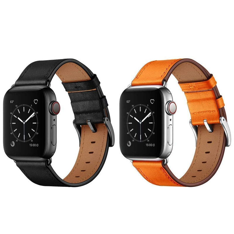 OUHENG Compatible with Apple Watch Band Genuine Leather Replacement Strap 41mm 40mm 38mm Black & Orange