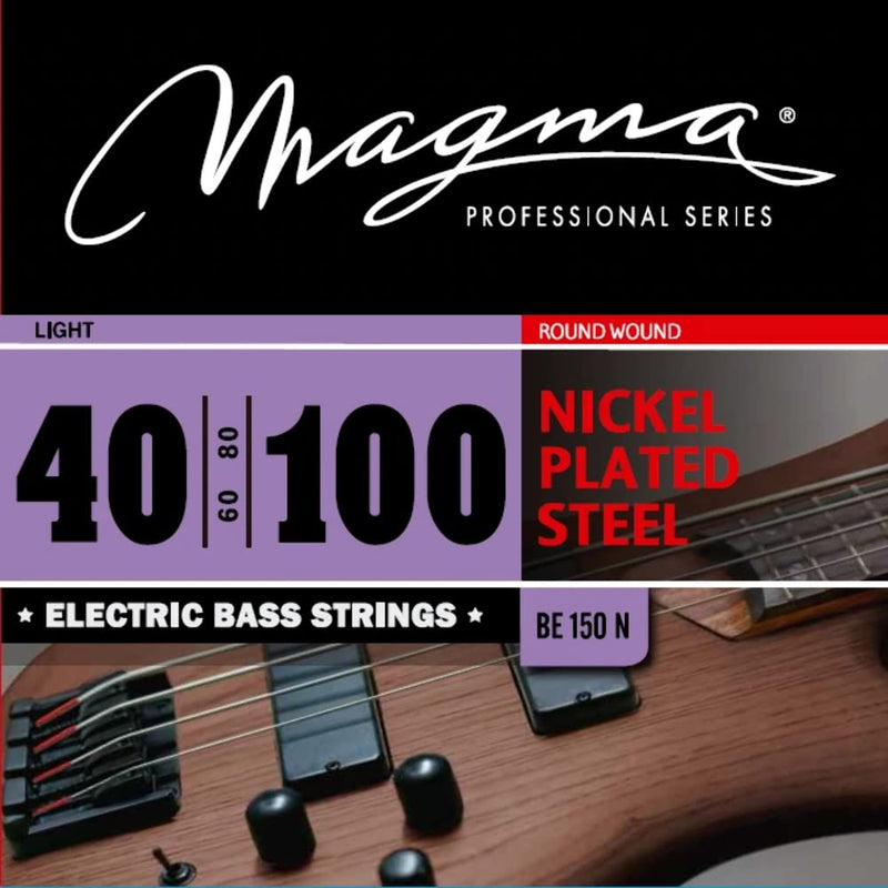 Magma Light Electric Bass Strings - Nickel Plated Steel, 40-100 Gauge Long Scale Strings - 34 inch Light Gauge 4 String Set - String gauges: 40-60 - 80-100 (BE150N) - 1 Set