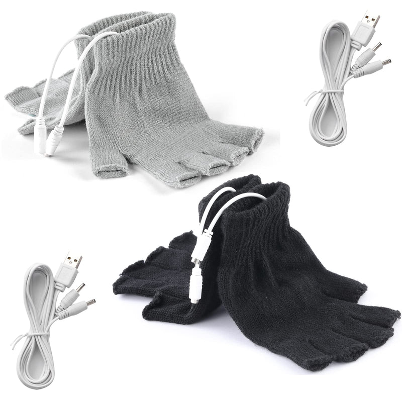 2 Pairs USB Heated Gloves for Men and Women, USB 2.0 Powered Stripes Heating Pattern Knitting Wool Heating Mittens Hands Warmer Fingerless Washable Design Winter Gift (Black & Gray) Black+grey