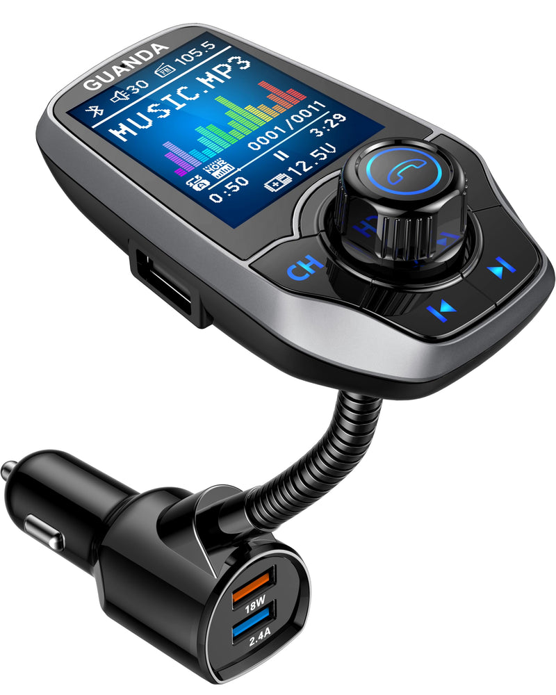 Upgraded Bluetooth 5.3 FM Transmitter for Car, Wireless Radio Adapter Kit W 1.8" Color Display Hands-Free Call AUX in/Out SD/TF Card USB Fast Charging 18W for All Smartphones Audio Players - Pewter 18W/5V-Pewter