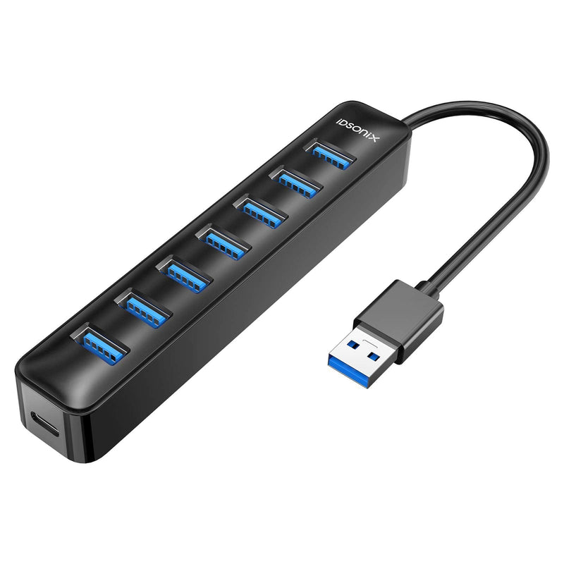 iDsonix USB Hub 3.0, 7-Port 5V / 3A Powered USB Hub, 5Gbps HighSpeed Data Transmission USB Splitter for Laptop, iMac, Surface Pro, XPS, USB Flash Drives, Mobile HDD, Printer, Camera, and More -Black BLACK