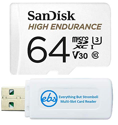 SanDisk 64GB High Endurance Video Card MicroSDXC for Dash Cams Works with Garmin Mini, 56, 66W Dash Cameras (SDSQQNR-064G-GN6IA) Bundle with (1) Everything But Stromboli SD & Micro SD Card Reader