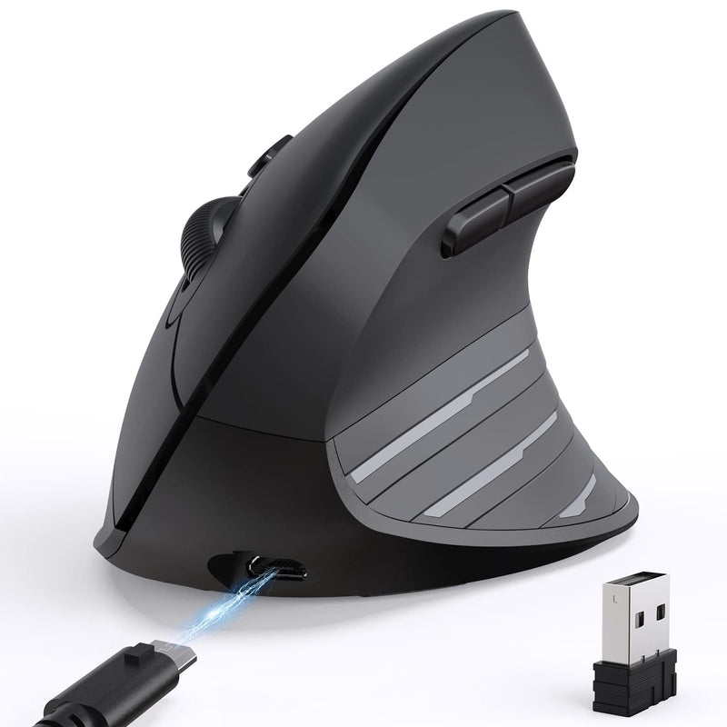 Ergonomic Mouse, iClever Chargable Vertical Mouse Wireless 6 Buttons with Adjustable DPI 1000/1600/2000/2400 Comfortable 2.4G Optical Ergo Mouse for Laptop, Computer, Desktop, Windows, Mac OS-Black